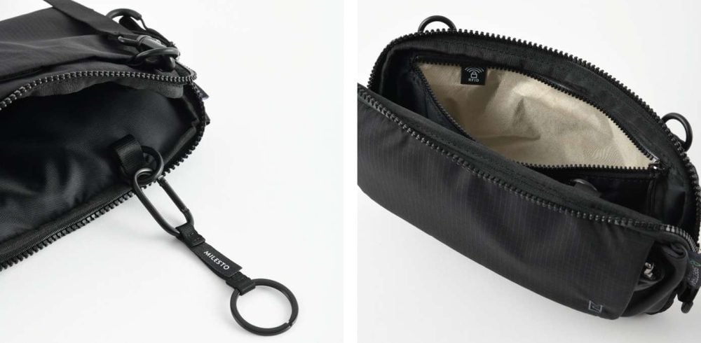 貴重品のスリ防止に活用できるキーリングを装備し、スキミング防止生地を使用したファスナーポケットを搭載