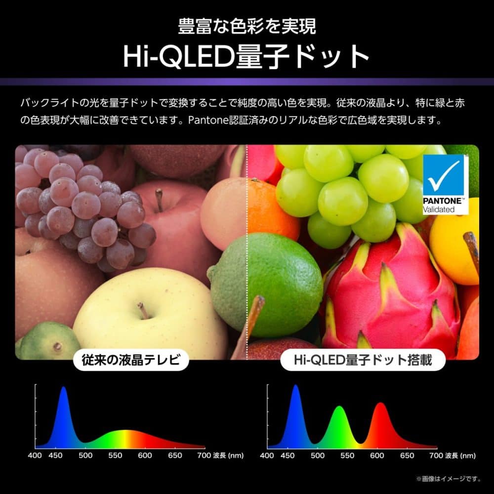 「U8S」バックライトの光を量子ドットで変換することで、特に緑と赤の色表現が大幅に改善され、純度の高い鮮やかな色彩を提供