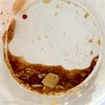 サンヨー食品 ニンニクマニア ニンニク豚醤油味／要注意ポイントとして、刻みニンニクが底にたまります。ぜひしっかりかき混ぜて、食べている最中も底から混ぜたほうがよいでしょう