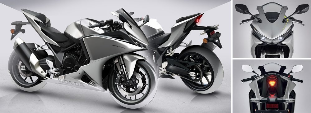 「CBR400R FOUR E-Clutch」のデザインは、車体重心を前方に寄せたようなアグレッシブなフォルムと金属を加工機でソリッドに削りだしたようなサーフェス表現、そしてモダンな灯火類によって近未来的なマシンの空気感を醸し出す