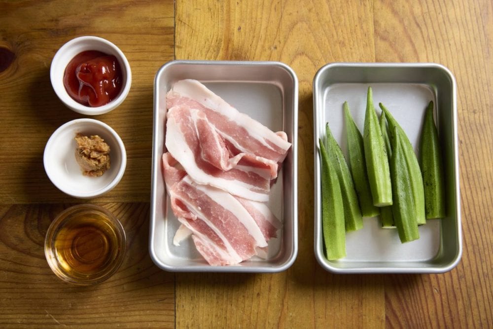 男の肉つまみ「味噌ケチャップ　オクラ豚ミキサー」
