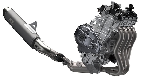 4-2-1エキゾーストシステムにはショットブラスト加工を施したスリムなチタン製マフラーを採用