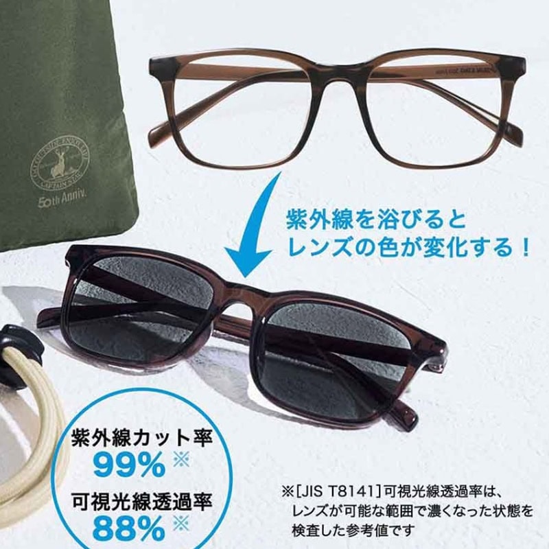 MonoMax9月号増刊 MonoMax9月号増刊特別付録「キャプテンスタッグ 調光サングラス&ショルダーポーチセット」 紫外線を浴びるとレンズの色が変化。紫外線カット率も99%と優秀