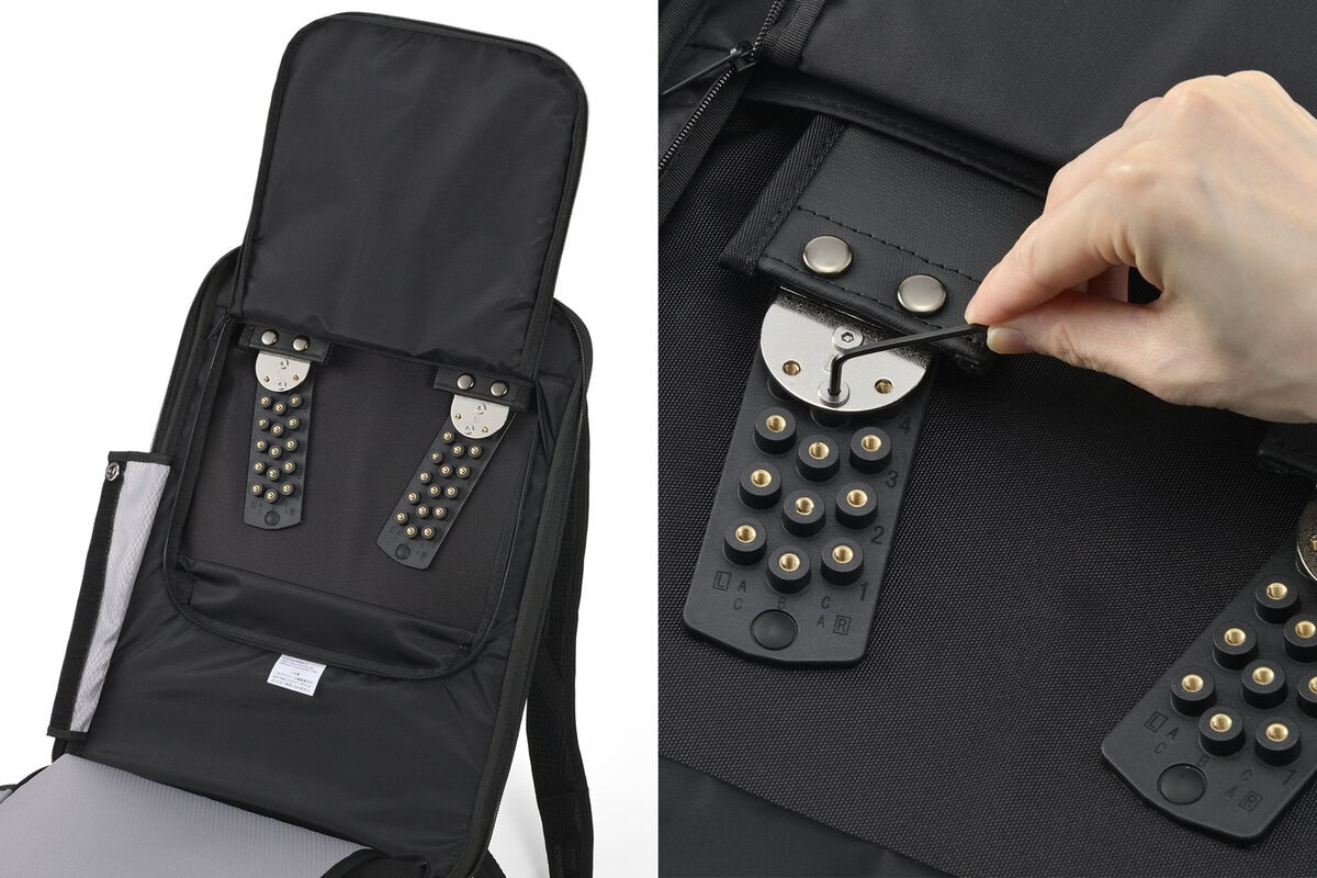 内装背面側の専用ポケット内にある機構を付属の六角レンチで操作し、着用者の体型に合わせて調整できるする新しい仕組み