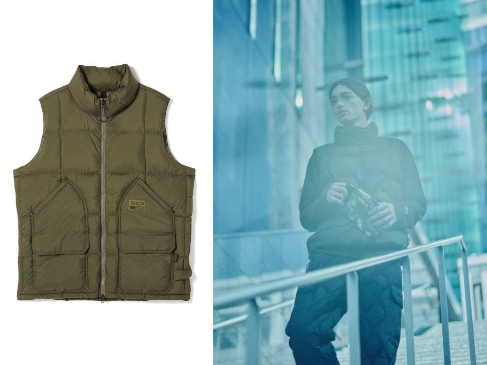 GRIP SWANY × TAION「ダウンベスト」ブラックカモ¥29,000、ブラック・ダークオリーブ¥26,000