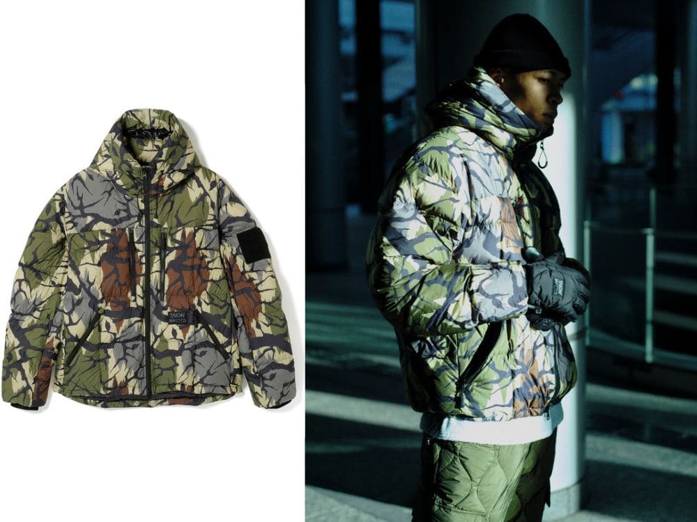 GRIP SWANY × TAION「ダウンジャケット」ブラックカモ¥44,000、ブラック・ダークオリーブ¥39,000