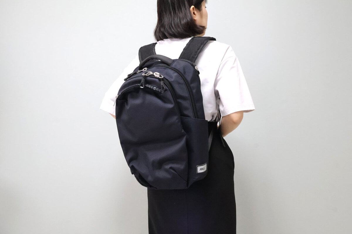「ANAオリジナル タフな洗えるビジネスバッグ」　を背負った様子