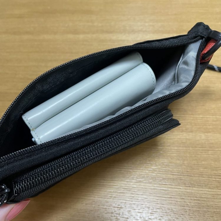 ミニ財布が収納できるサイズ感の背面ポケット