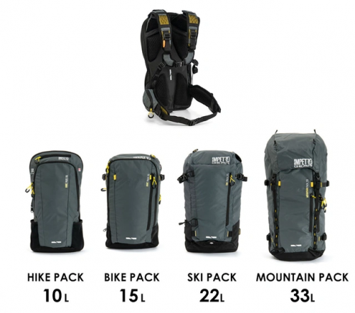 「Impetro Gear System バックパック」はベースユニットにハイキング、バイク、スキー、登山の4種のアクティビティに特化したパックを装着