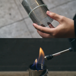 「バイオトルネードランプ」は火をつけガラスカバーを被せると、本体下部から空気が取り込まれ渦を巻きながら炎が高く上昇する
